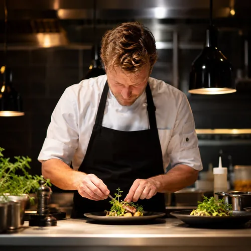 Chef-kok maakt een gerecht af in de keuken